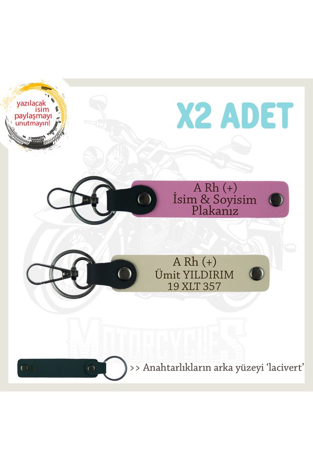 Leather X2 Keychain, Pink-S Coffee-Lacquer, Biker Friends Custom Name Plate a Rh (+) Blood Group Written