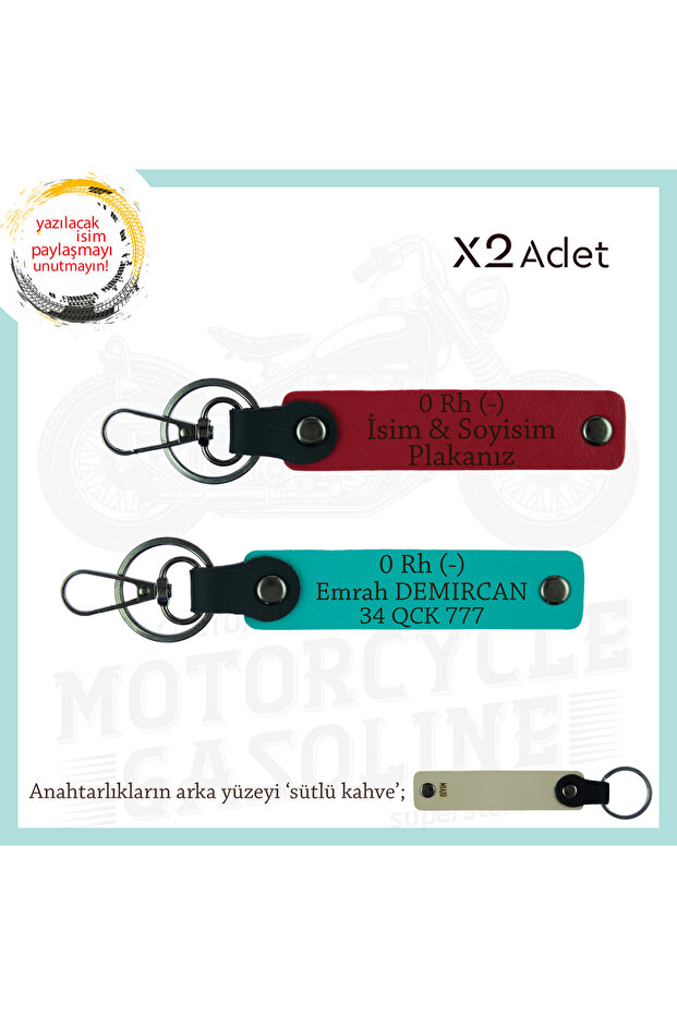 Name Plate and 0 Rh (-) Blood Group Written X2 Keychain, Red-K Turquoise-Sk, Biker Style Special