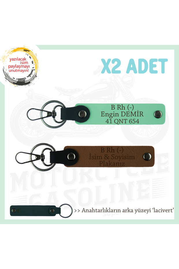 Biker X2 Keychain, Coffee-Green-Navy, Motorcycle Lovers, Name Plate and B Rh - Blood Type Written