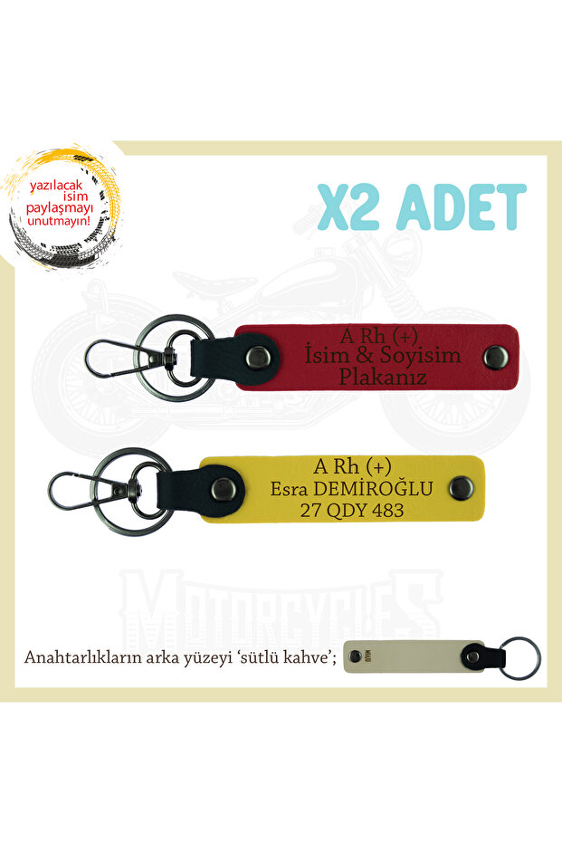 Special for Motor Lovers, Gift X2 Keychain with Name Plate and a Rh (+) Blood Group Lettering, Red-Yellow-Sk