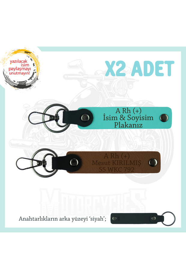 Personalized 2-Piece Gift Keychain with Name Plate and a Rh (+) Blood Group Lettering, Brown-Turquoise-Syh