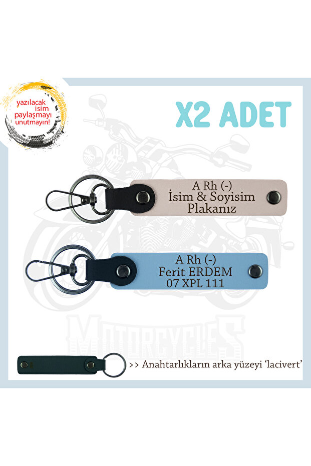 A Rh (-) Blood Group Written Gift X2 Keychain, Powder-Blue-Navy, Biker Style Special Name Plate