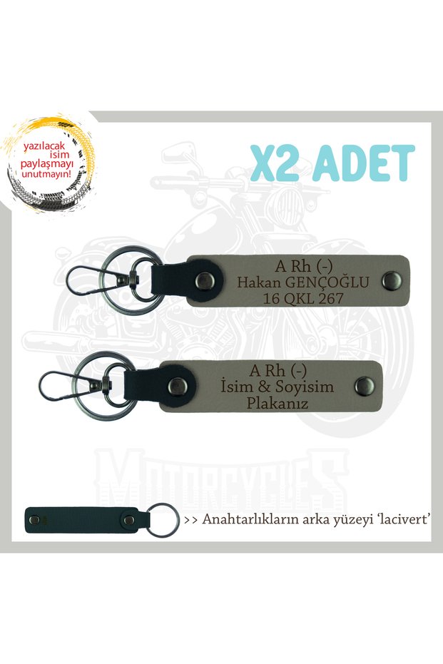 Name Plate and a Rh (-) Blood Group Written X2 Keychain Set, Ash Gray-Navy, Special for Biker Corries