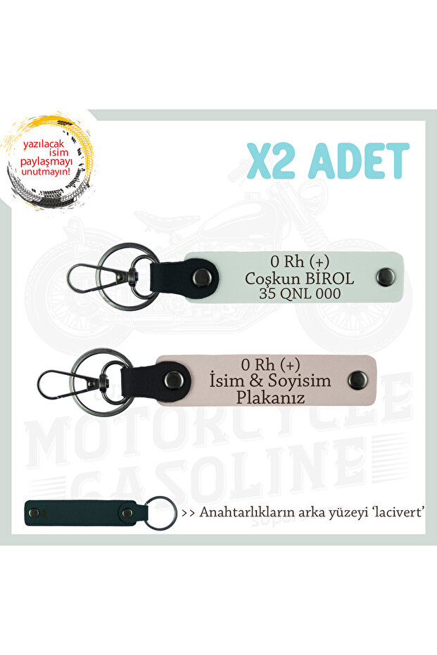 Custom Name Plate and 0 Rh (+) Blood Group Lettering Leather 2-Piece Keychain for Motorists, Powder-White-Laci