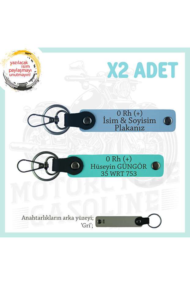 Motorcycle Lovers, Custom Design X2 Keychain with Name Plate and 0 + Blood Group Writing, Blue-Turquoise-Gr