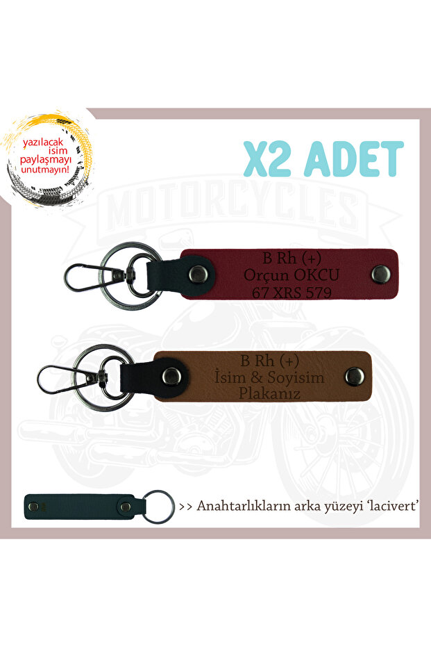 Motorcycle Enthusiast Name Plate and B Rh (+) Blood Group Lettering Leather X2 Keychain, Coffee-Burgundy-Navy