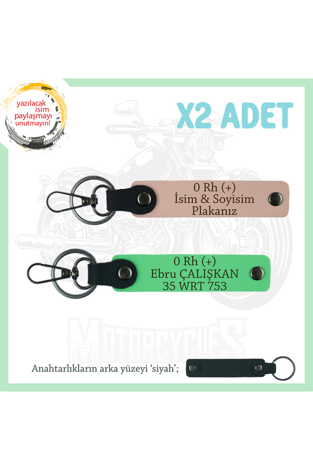 Name Plate and 0 Rh (+) Blood Group Written X2 Keychain, Yavruağzı-F Green-Syh, Special for Motor Lovers