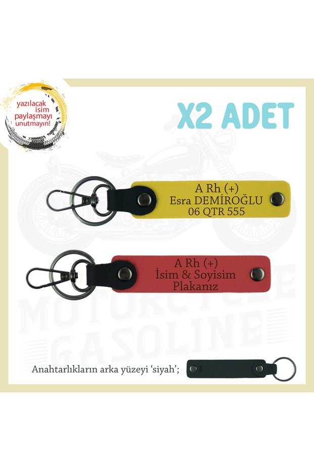 Gift Leather X2 Keychain with Name Plate and a Rh (+) Blood Group Lettering for Bikers, Pomegranate Flower-Yellow-Syh