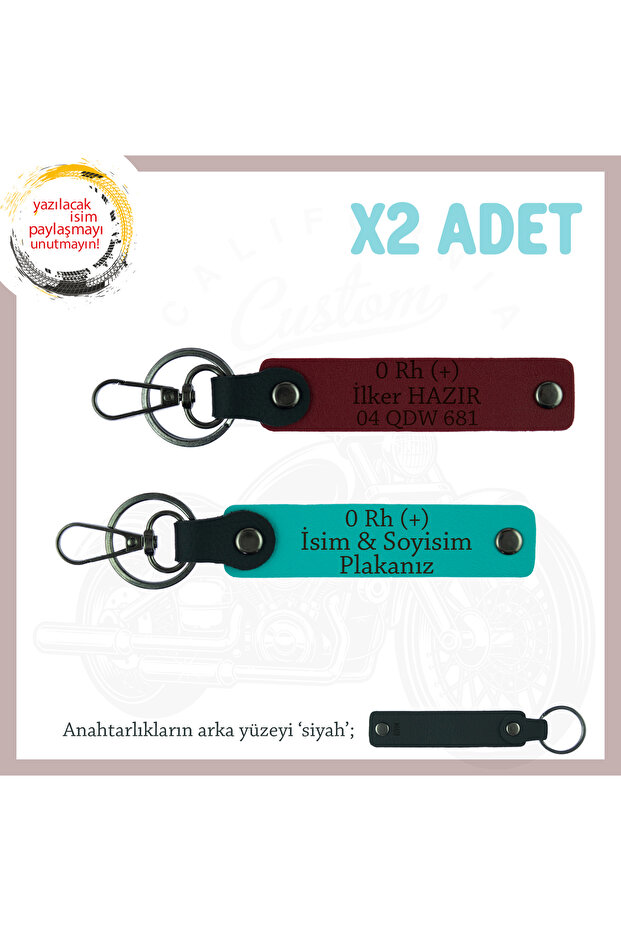 Set of 2 Keychains with Name Plate and 0 Rh (+) Blood Group Written, K Turquoise-Burgundy-Syh, Biker Passengers