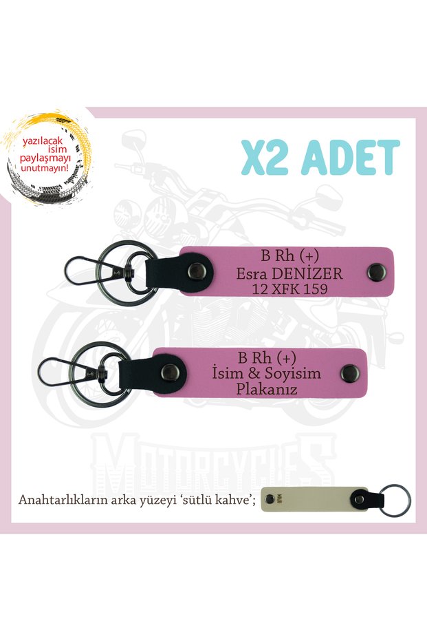 Special for Road Enthusiasts, Leather with Name Plate and B Rh (+) Blood Type Lettering X2 Keychain Gift, Pink-Sk