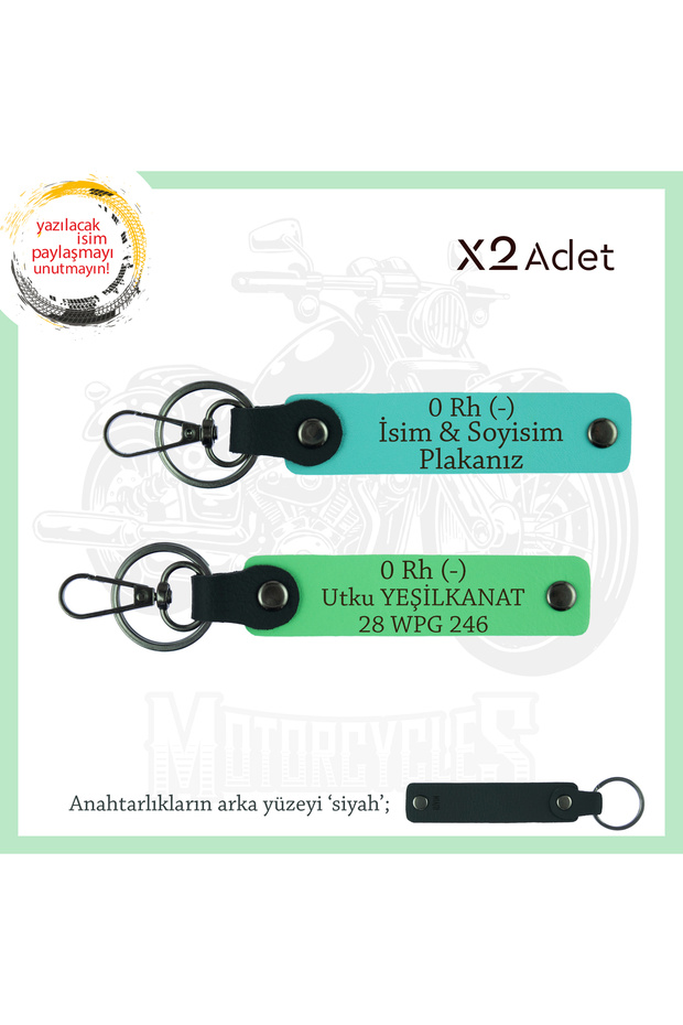 Name Plate and 0 Rh (-) Blood Group Written Leather X2 Keychain, Turquoise-F Green-Syh, Special for Biker Style