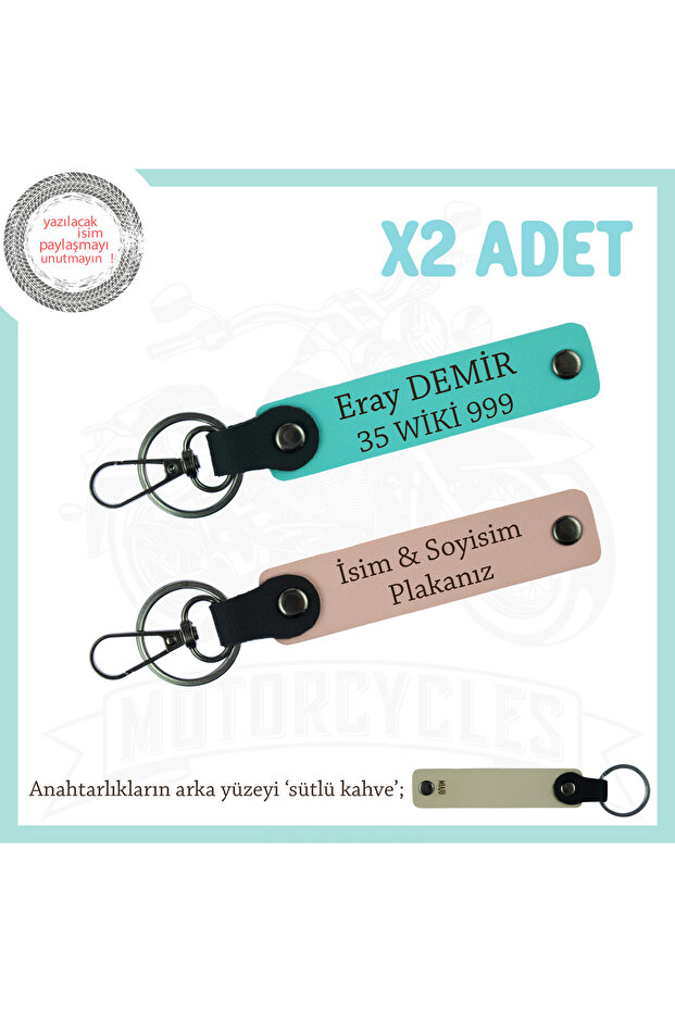 2-Piece Name and Plate Written, Yavruağzı-Turquoise-Sk, Leather Keychains Prepared with Eye-Catching Details