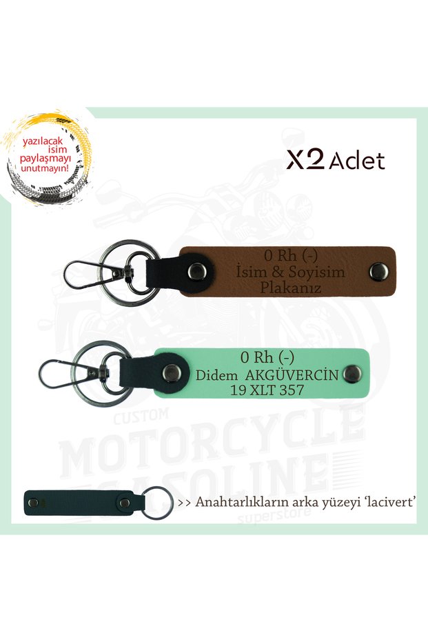 Biker X2 Keychain, Coffee-Green-Navy, Motorcycle Lovers, Name Plate and 0 Rh - Blood Type Written