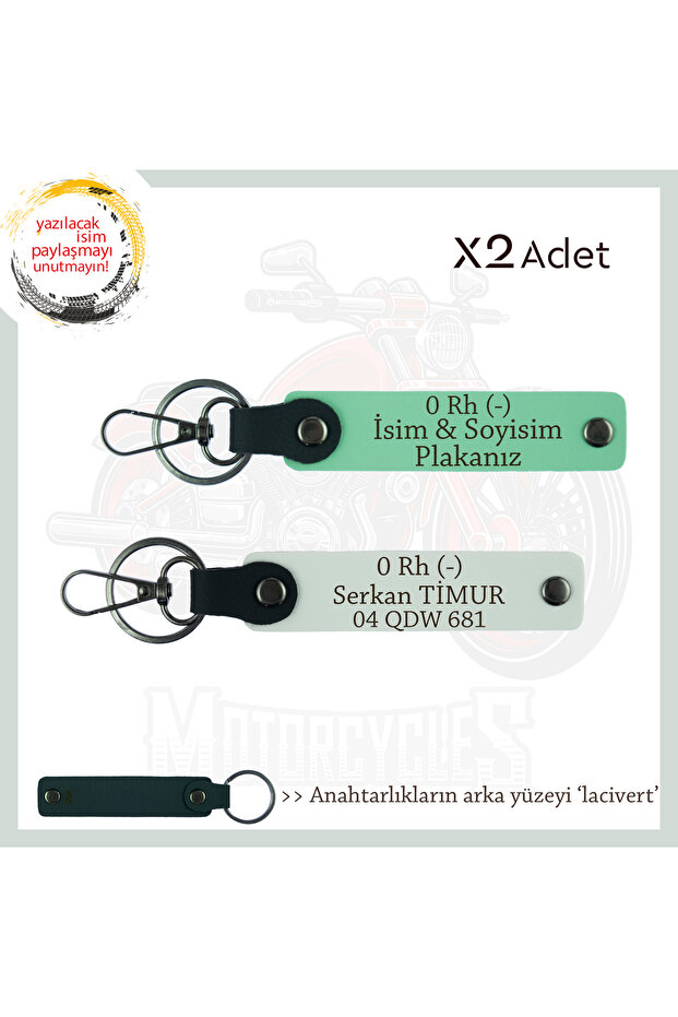 Exclusive for Digital Vehicles, Set of 2 Keychains with Name Plate and 0 Rh (-) Blood Group Lettering, Green-White-Navy