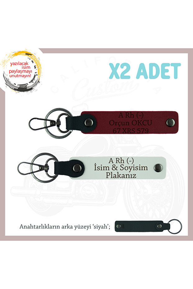 Gift Set, White-Burgundy-Syh, Bikers Name Plate a Rh (-) Blood Group Written Leather X2 Keychain