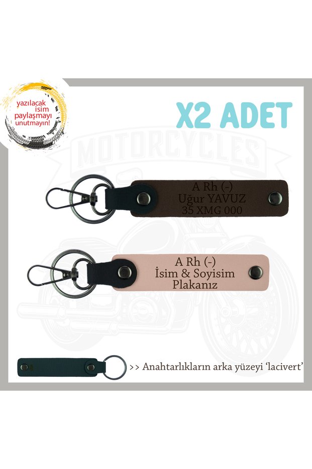 Name Plate and a Rh (-) Blood Group Processed X2 Keychain, Yavruağzı-Coffee-Laci, Biker Style Special