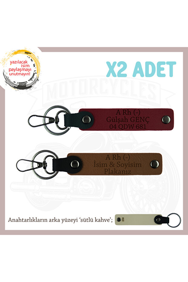 Name Plate and a Rh (-) Blood Group Written Leather X2 Keychain, Coffee-Burgundy-Sk, Motorcycle Enthusiasts