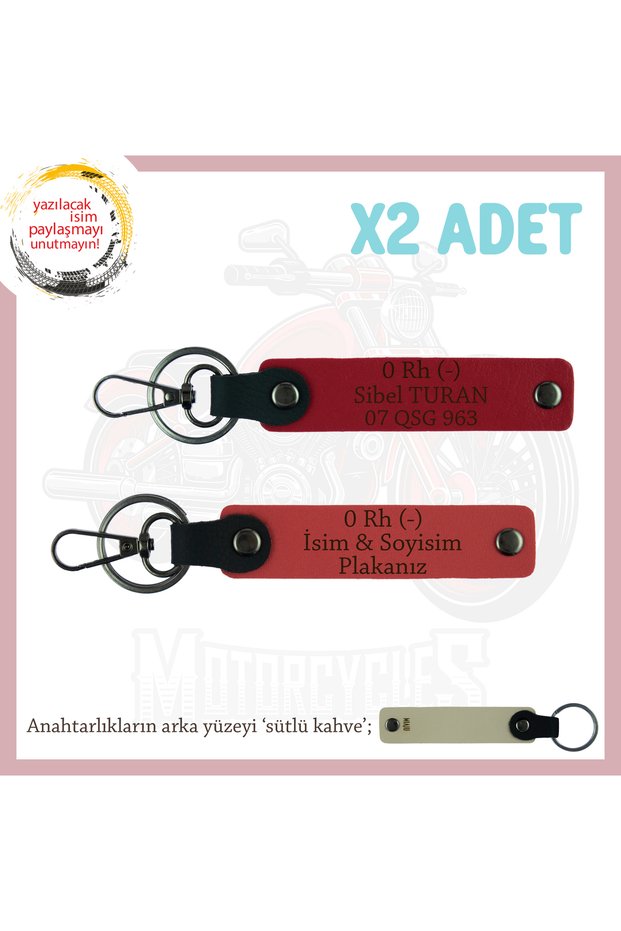 Leather X2 Keychain with Name Plate and 0 Rh (-) Blood Type Lettering for Biker Passengers, Pomegranate Flower-Red-Sk