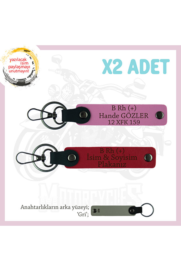 For Motorcycle Lovers, X2 Keychain with Name Plate and B Rh (+) Blood Group Lettering, Red-Pink-Gr