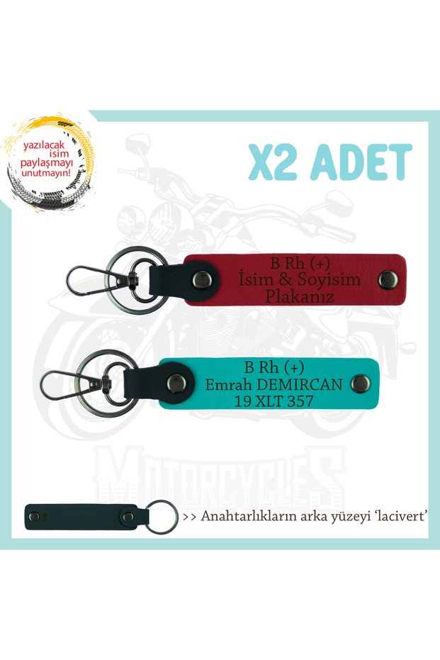 Set of 2 Keychains, Red-K Turquoise-Lacquer, Motorcycle Style Gift, Name Plate and B Rh (+) Blood Group