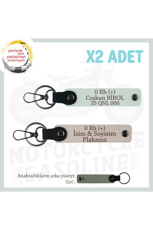 Name Plate and 0 Rh (+) Blood Group Written Leather X2 Keychain, Powder-White-Gr, Special for Motor Enthusiasts