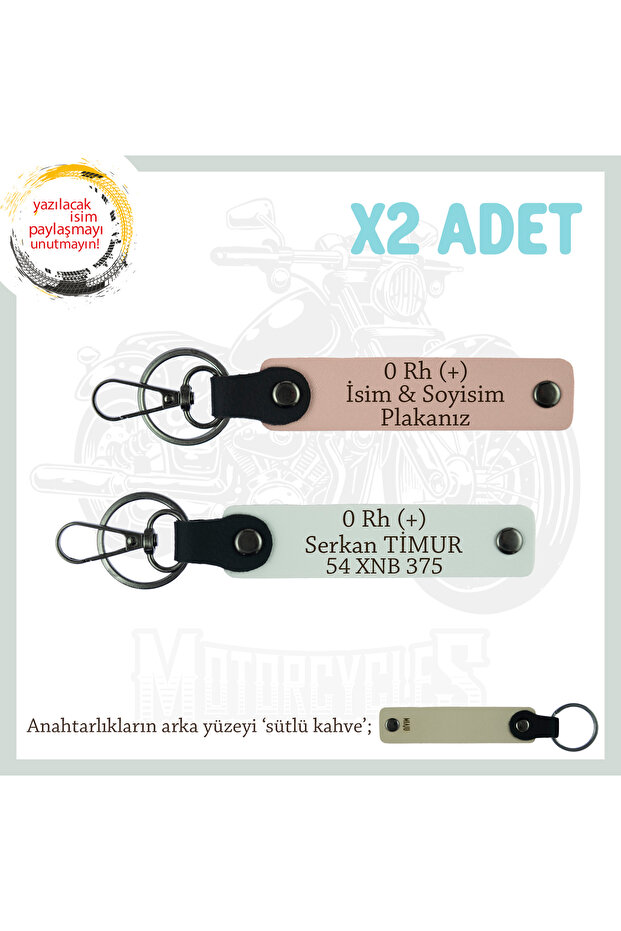 2' Leather Keychain, Yavruağzı-White-Sk, Name Plate and 0 Rh (+) Blood Group for Motorcycle Lovers