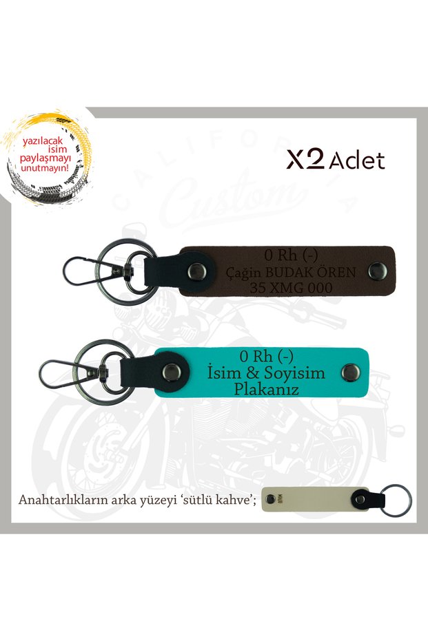 Exclusive for Motor Enthusiasts, Custom X2 Keychain with Name Plate and 0- Blood Type Lettering, K Turquoise-K Brown-Sk