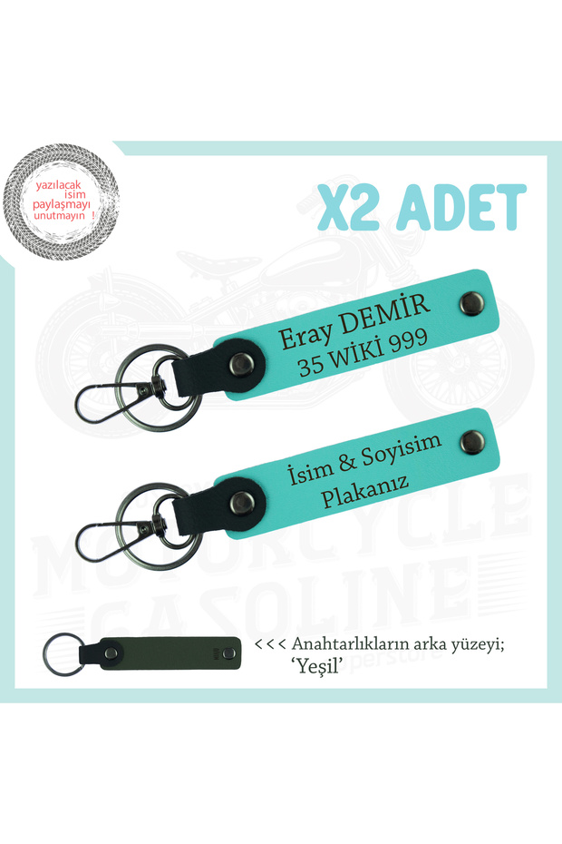 Personal Keychain Set of 2 with Name and Plate Written, Turquoise-Green, Special for Car Owners