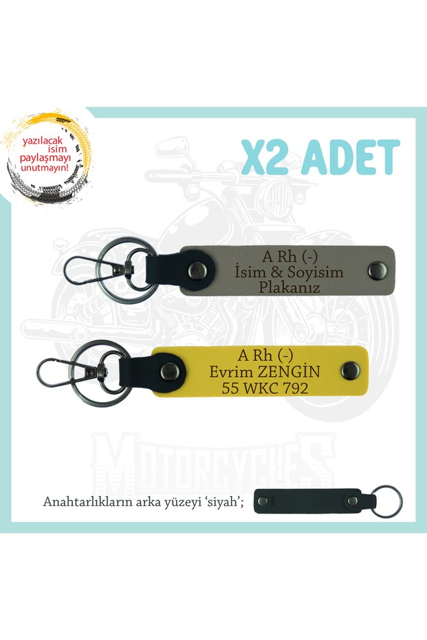 Set of 2 Keychains with Name Plate and a Rh (-) Blood Group Written, Ash Grey-Yellow-Syh, for Drivers of Roads