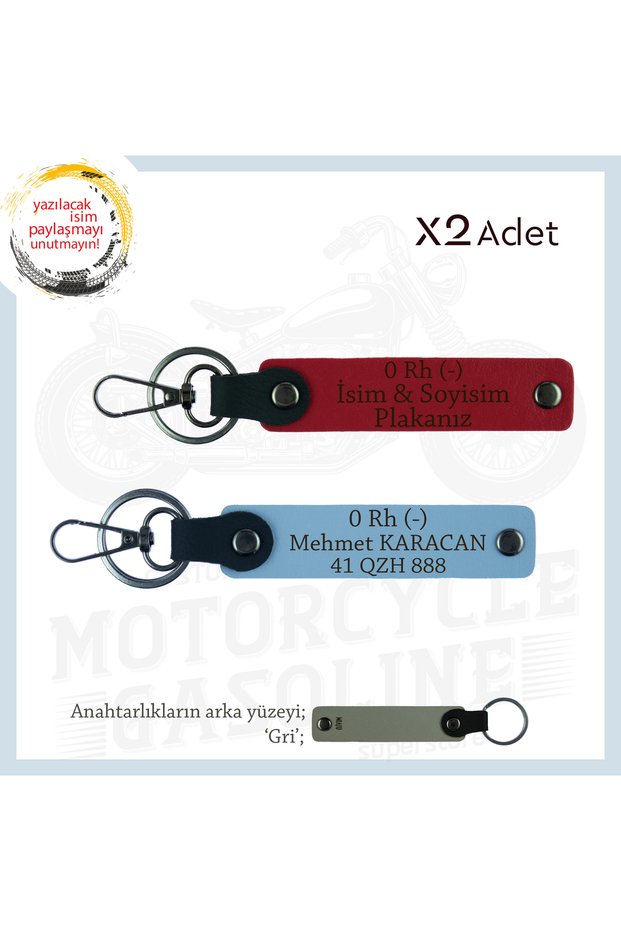 Meanings Motor X2 Keychain with Name Plate and 0- Blood Type Lettering Custom for Biker Style, Red-Blue-Gr