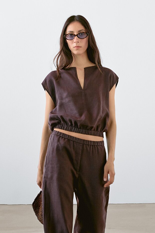 Elastik kenarlı keten bluz - 4