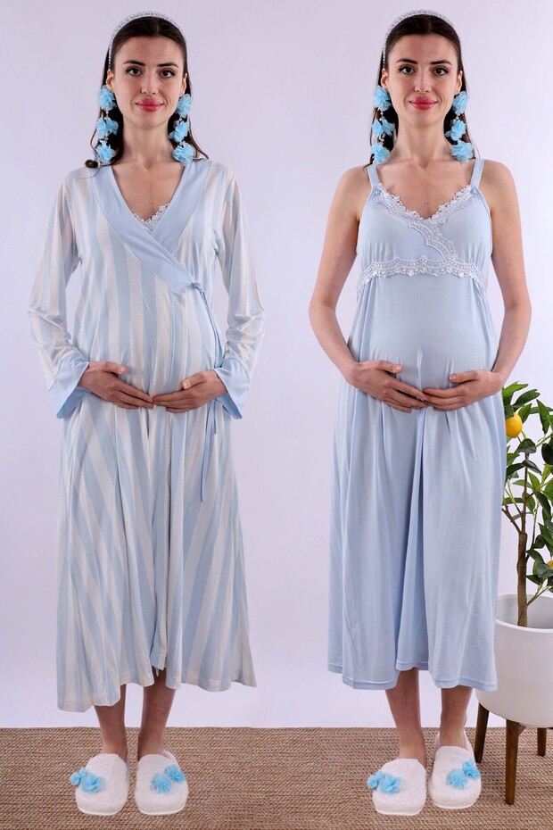Effortt Blue Maternity and Postpartum Nightgown Set with Robe