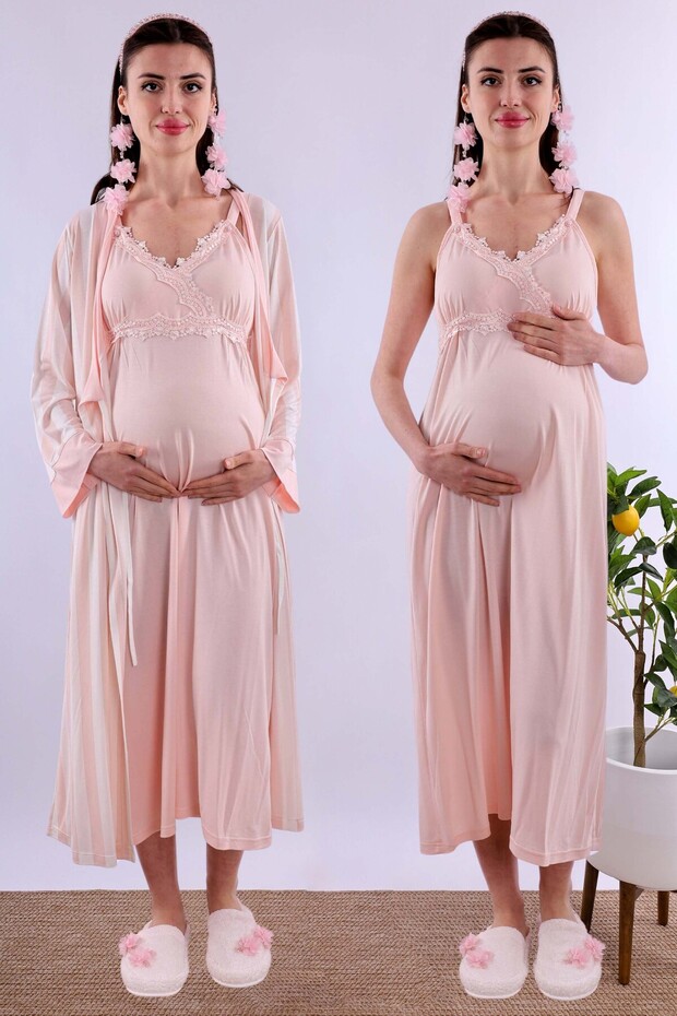 Effortt Powder Maternity Nightgown Set with Dressing Gown