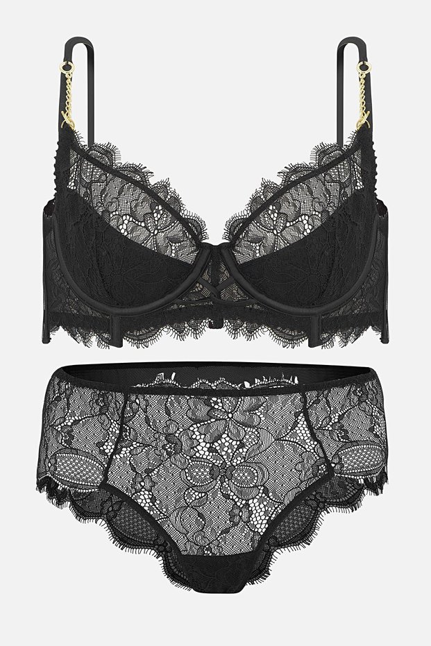 Lace Bra Panty Set - Gold Chain Detail - Semi Sponge Supported - 2733 - Black