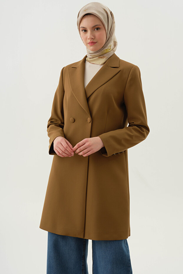 Kruvaze Düğmeli Uzun Basic Ceket - Olive - 4