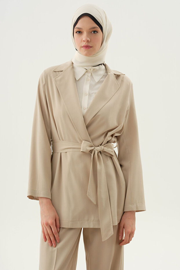 Kuşaklı Blazer Ceket - Bej - 2