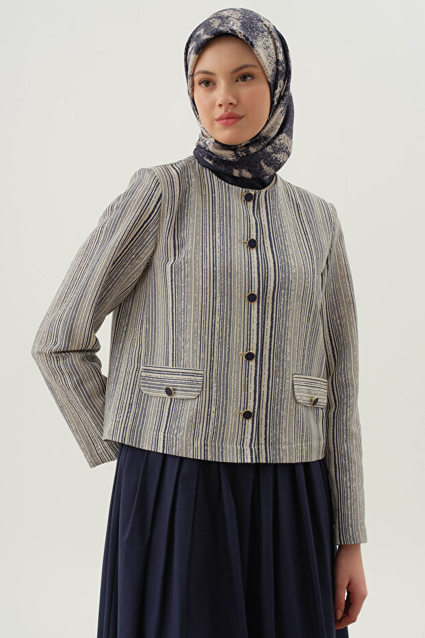 Çizgili Mini Ceket - İndigo - 8