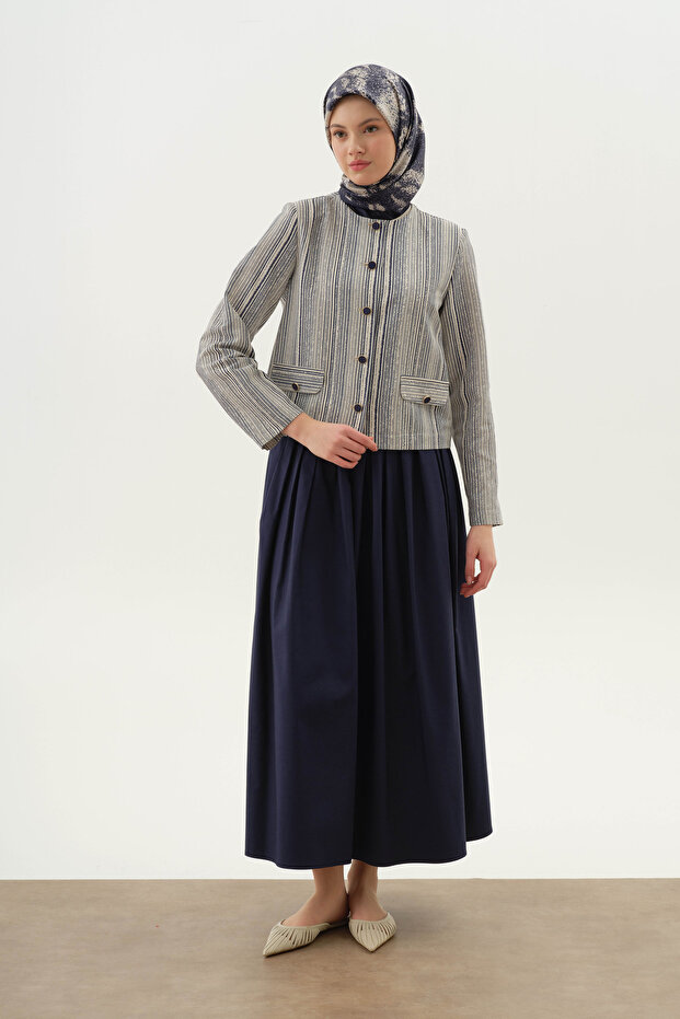 Çizgili Mini Ceket - İndigo - 5