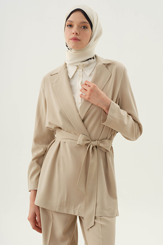 Kuşaklı Blazer Ceket - Bej - 4
