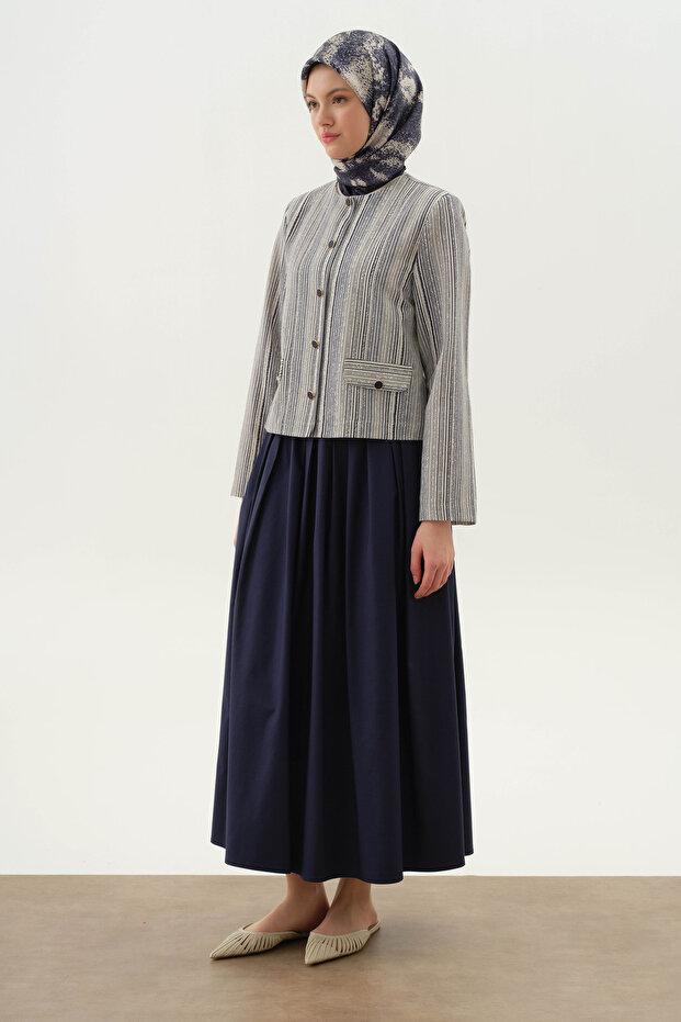 Çizgili Mini Ceket - İndigo - 3