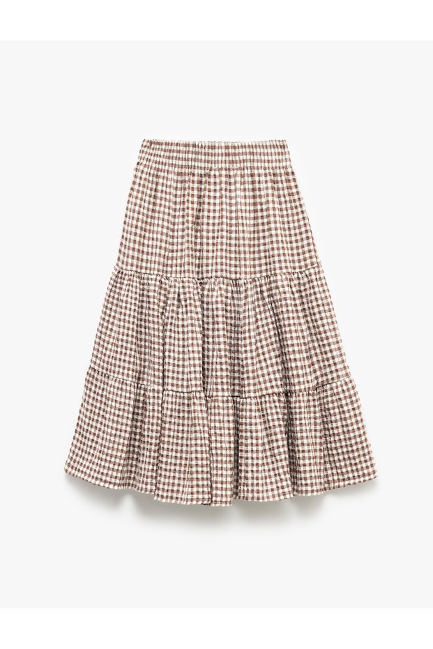Relaxed Cut Gingham Skirt with Elastic Waist and Fold Detail