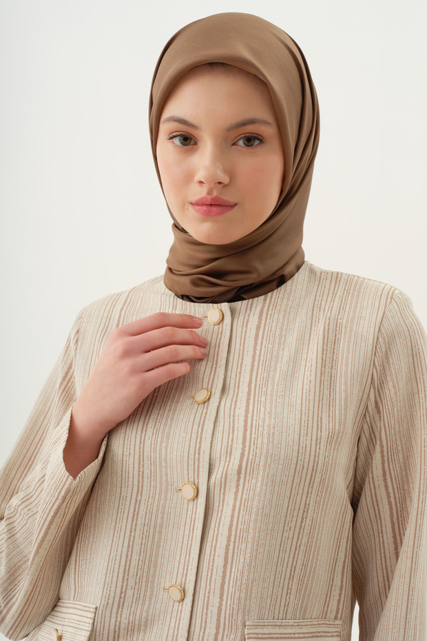 Çizgili Mini Ceket - Bej - 5