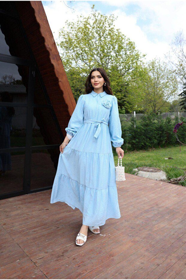 DADALİ GÜL DETAYLI GÖMLEK YAKA ELBİSE BEBE MAVİSİ - 4