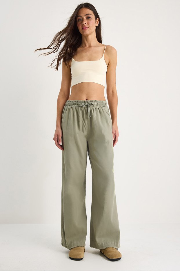 Women's Mint Elastic Waist, Detailed Cuffs, Palazzo Style Cotton Gabardine Summer Trousers 60283323