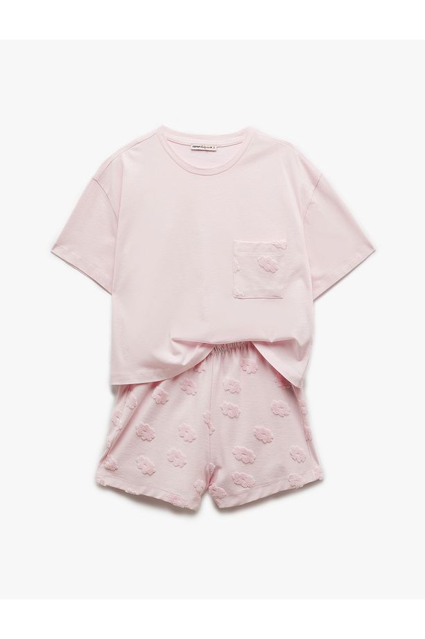 Pamuklu Bisiklet Yaka Kısa Kollu Çiçekli Şortlu Pijama Takımı - 4