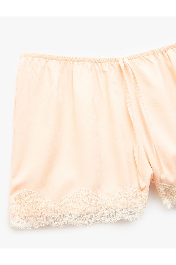 Bağlama Detaylı Dantelli Saten Şort Pijama Altı - 5