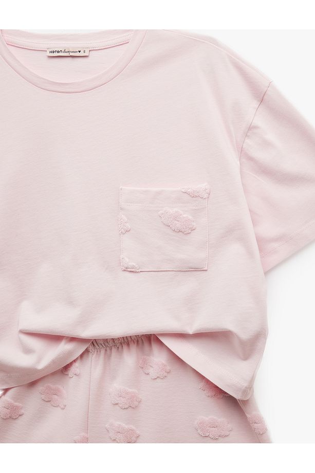Pamuklu Bisiklet Yaka Kısa Kollu Çiçekli Şortlu Pijama Takımı - 6