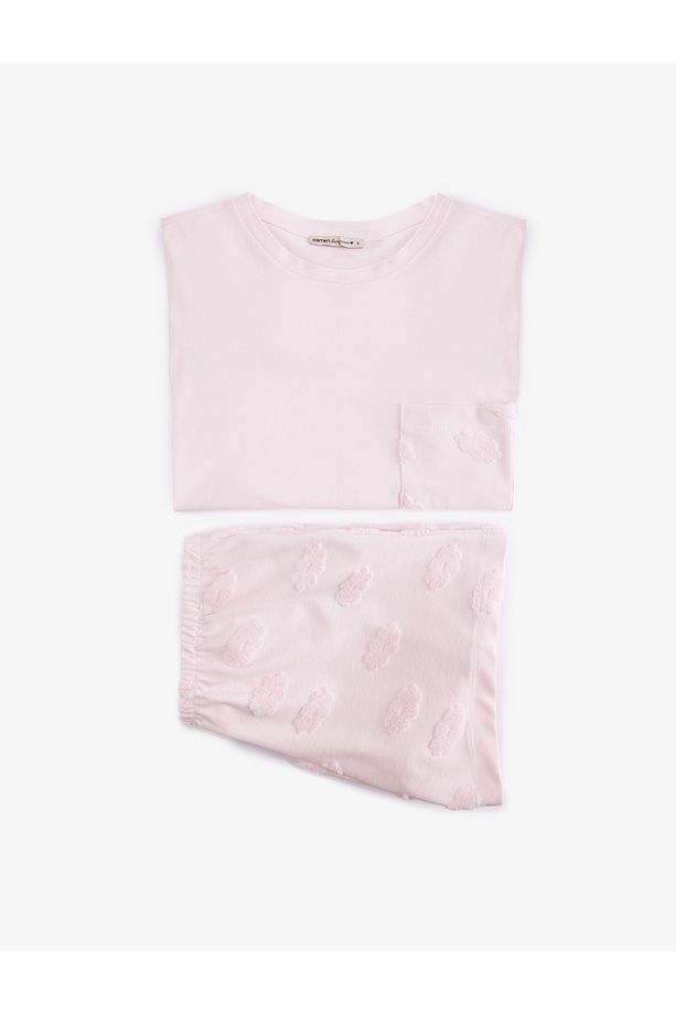 Pamuklu Bisiklet Yaka Kısa Kollu Çiçekli Şortlu Pijama Takımı - 3