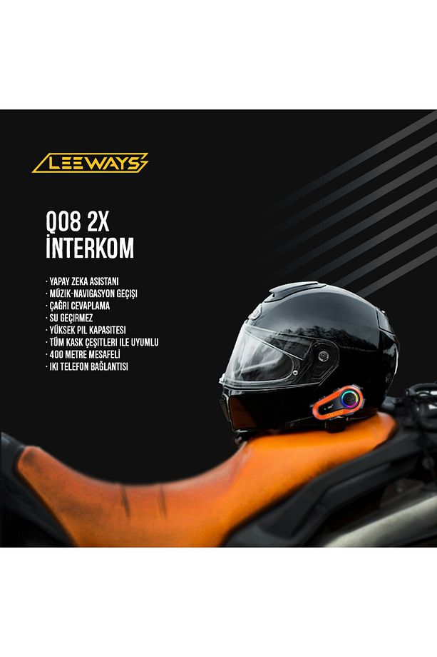 2 ADET Q08 2X 1000m Telsiz Mesafeli Özellikli 2 Kişi Bağlantılı Bluetooth Kask Kulaklık Ekranlı Fene - 2