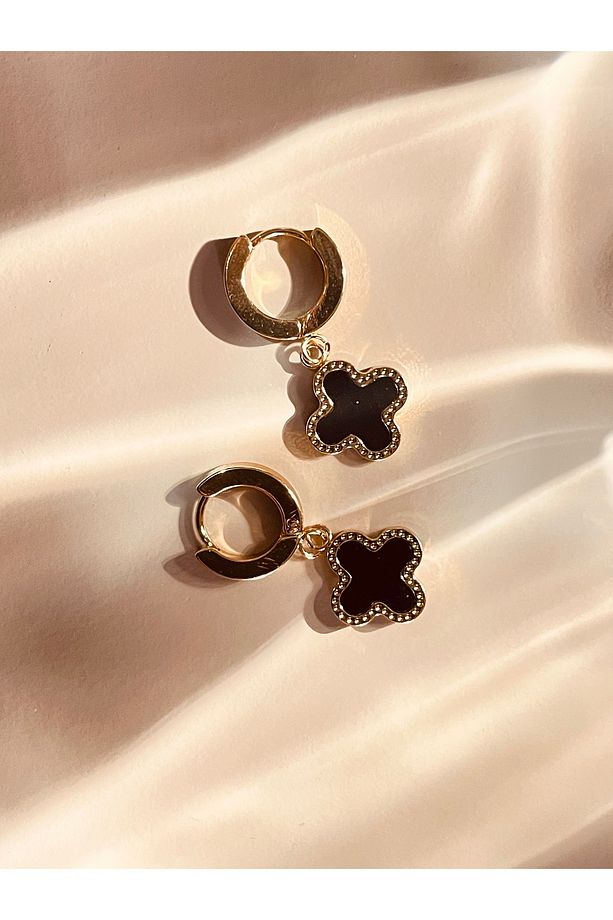 Siyah Yonca Model Gold Renk Kadın Çelik Küpe - 5